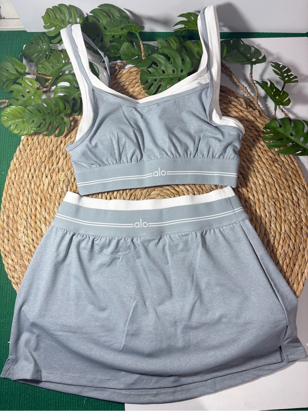 ALO Yoga Light Blue and White Seamless Bralette & Skort Set